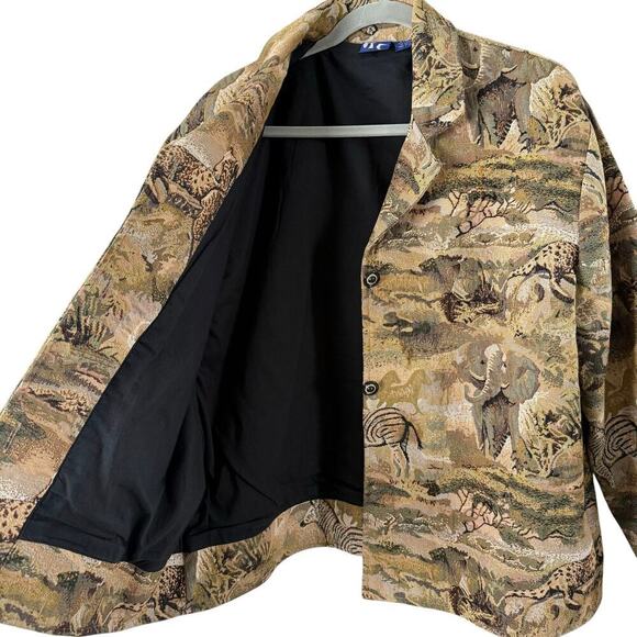 ITF Safari Tapestry Oversized Jacket 100% Cotton in Tan Embellished Buttons L/XL - Picture 8 of 14
